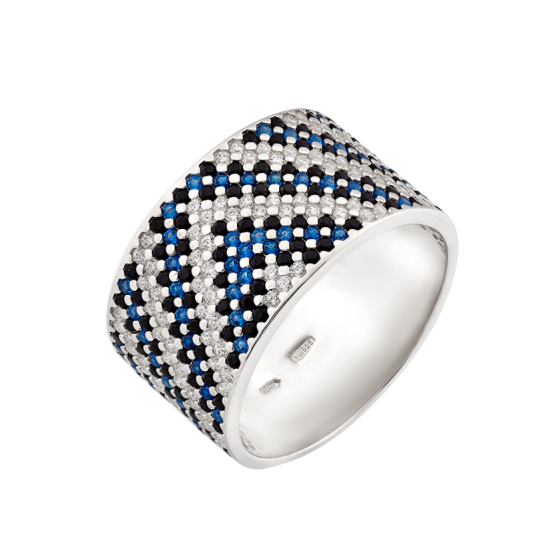 Серебряное кольцоЛК-0117-6тс   широкий Орнамент сине-черный ЛК-0117-6тс